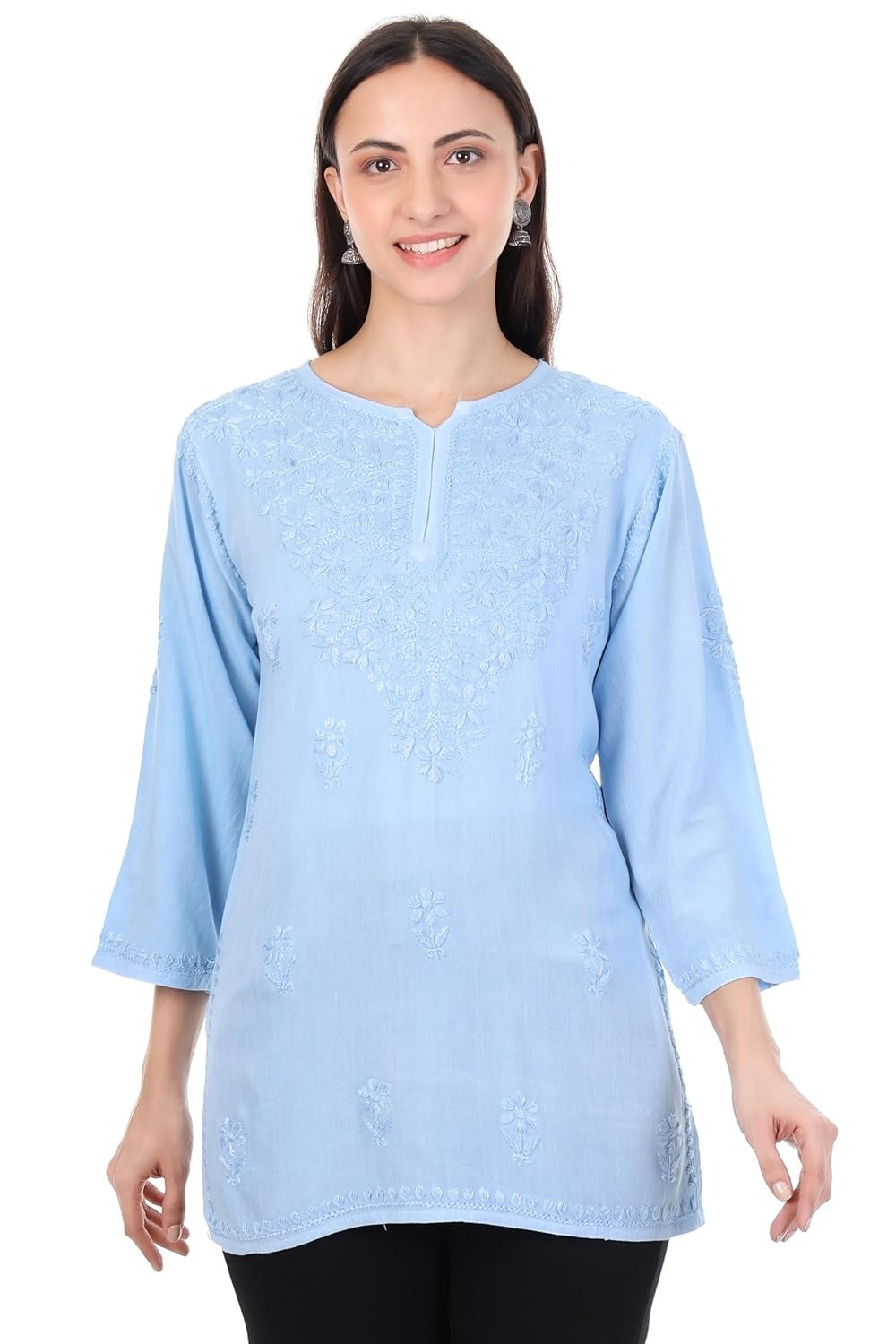 Zahra Sky Blue Dyed Short Rayon Chikankari Top - Comfortable & Non-Transparent Chikankari Short Kurti