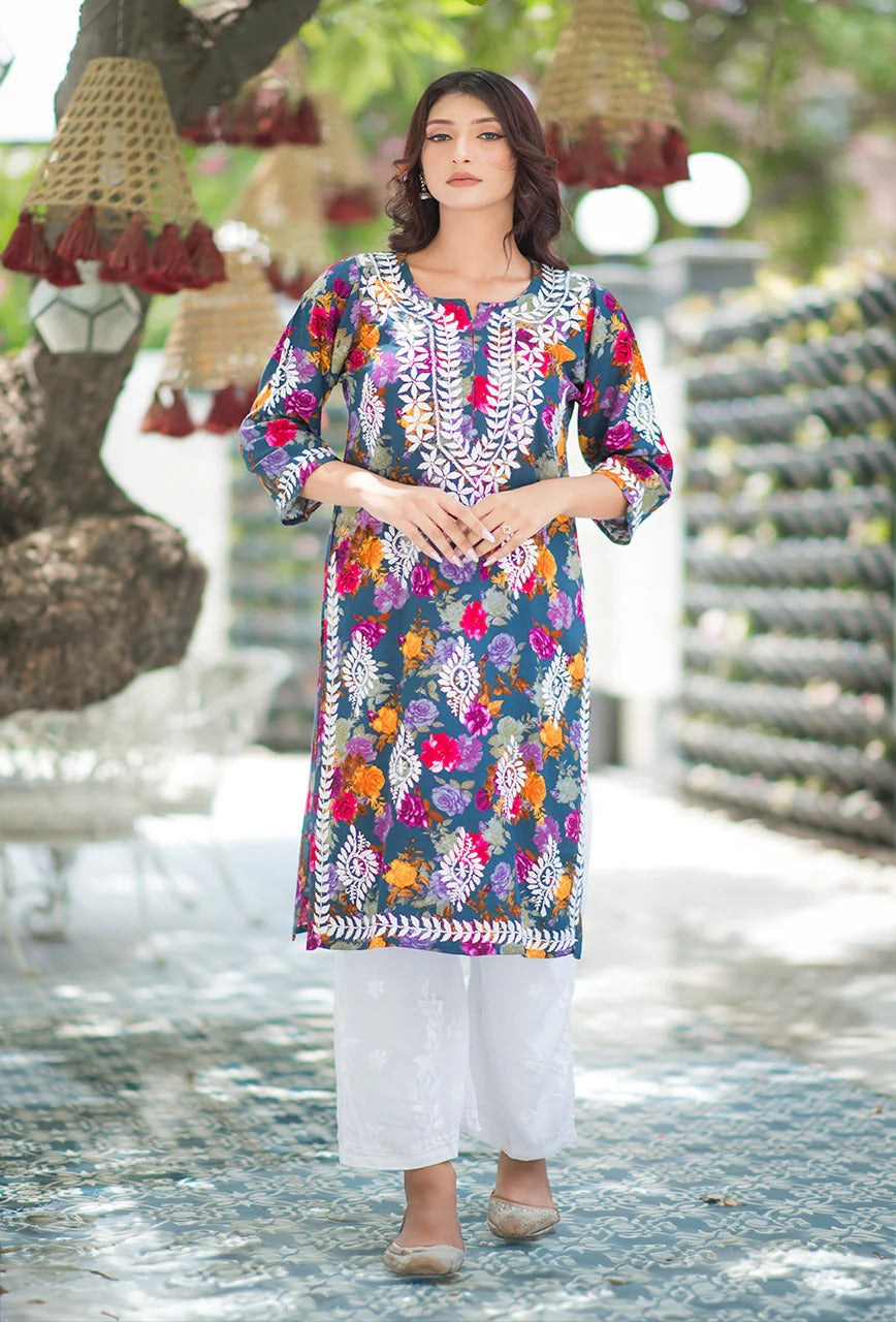 Nigaar Straight Fit Floral Print Rayon Kurti with Lucknowi Hand Embroidery for All Occasions