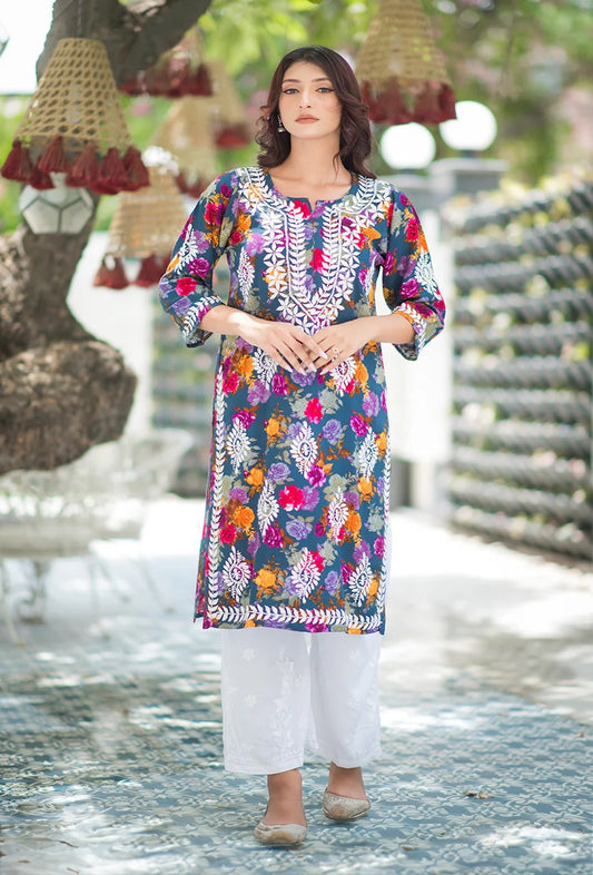 Women’s Straight Fit Floral Print Rayon Kurti with Lucknowi Hand Embroidery for All Occasions