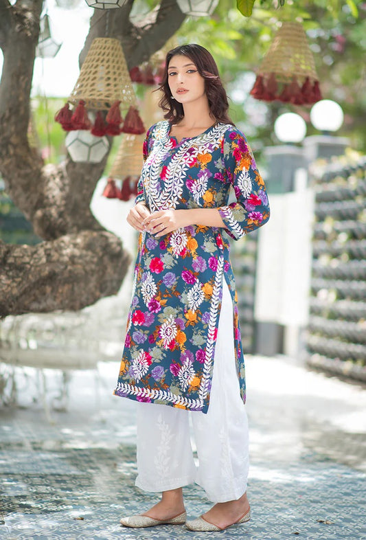 Women’s Straight Fit Floral Print Rayon Kurti with Lucknowi Hand Embroidery for All Occasions