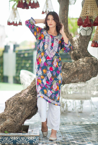 Nigaar Straight Fit Floral Print Rayon Kurti with Lucknowi Hand Embroidery for All Occasions