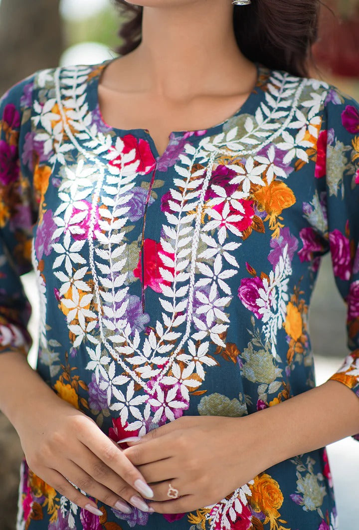 Nigaar Straight Fit Floral Print Rayon Kurti with Lucknowi Hand Embroidery for All Occasions