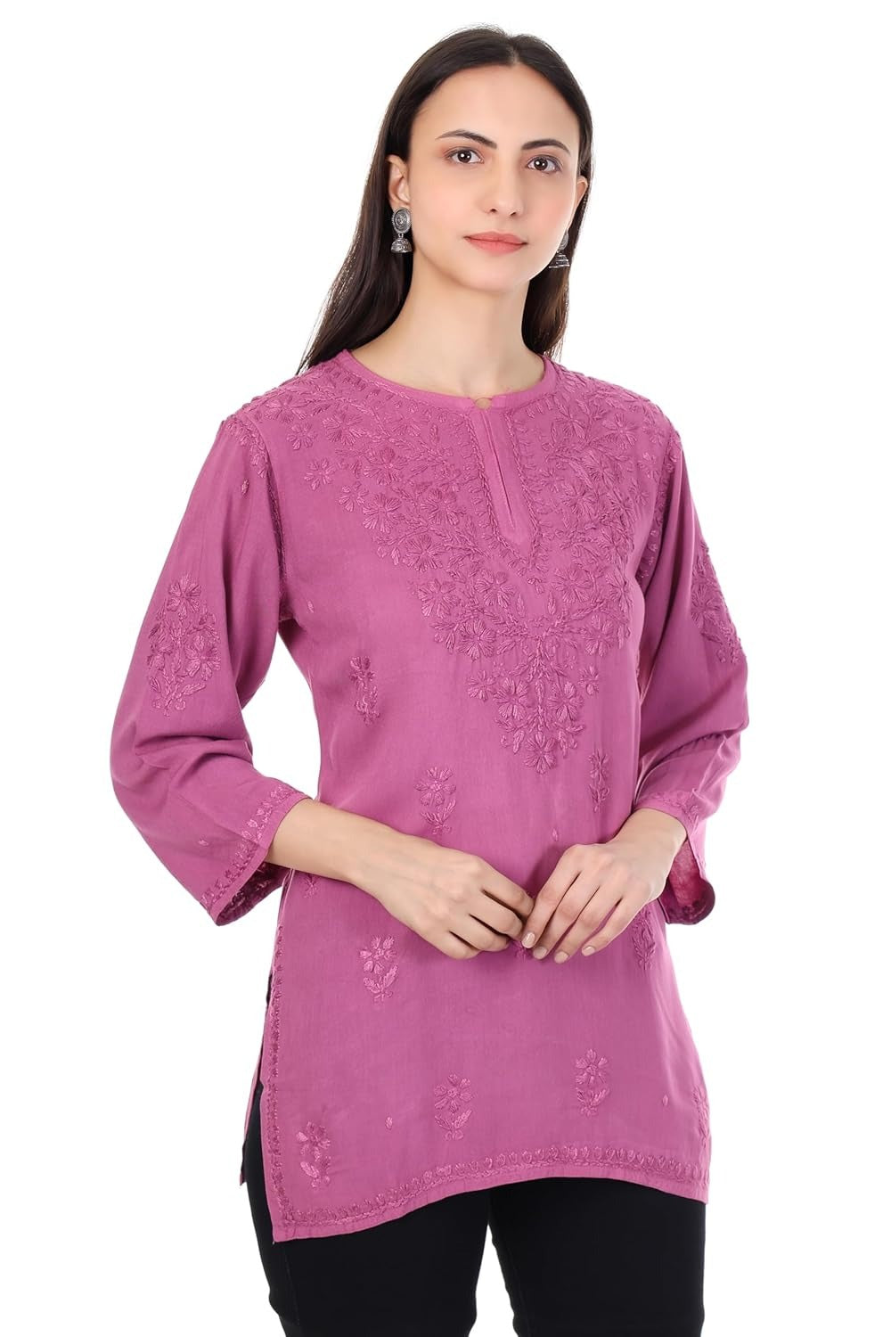 Zahra Purple Dyed Short Rayon Chikankari Top - Comfortable & Non-Transparent Chikankari Short Kurti