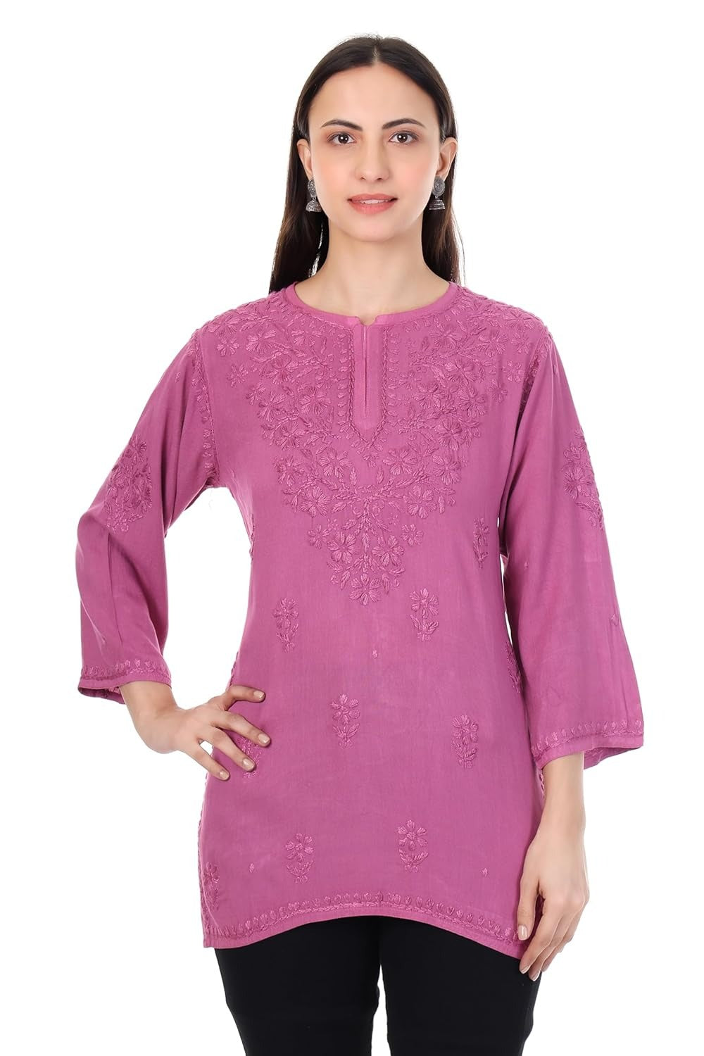 Zahra Purple Dyed Short Rayon Chikankari Top - Comfortable & Non-Transparent Chikankari Short Kurti