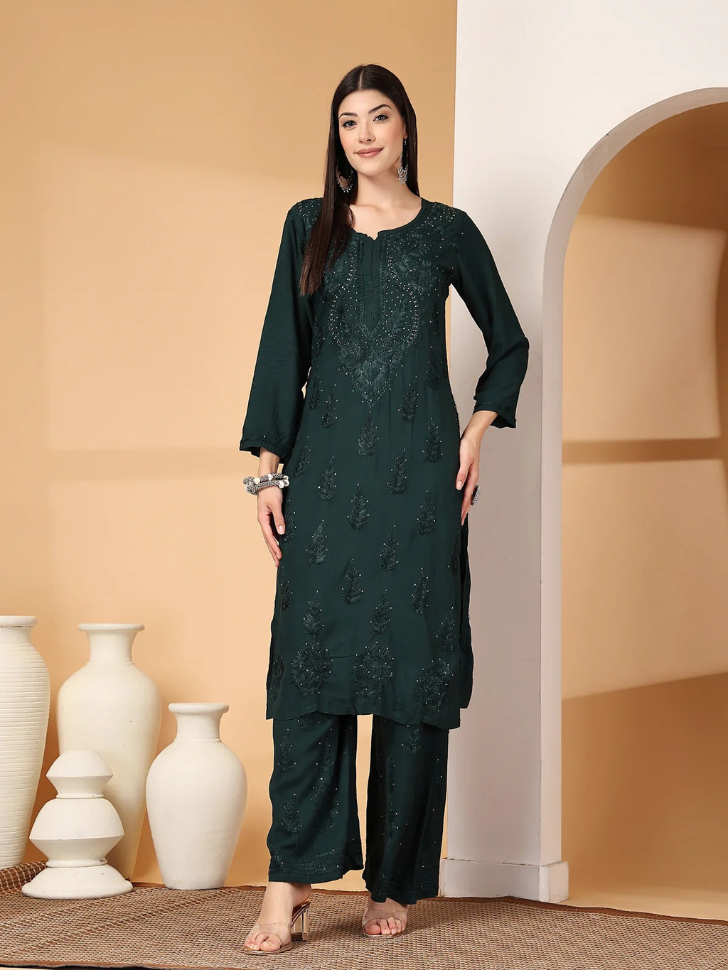 Bottle Green Raniya 3D Rayon Muquesh Kurti & Palazzo Set