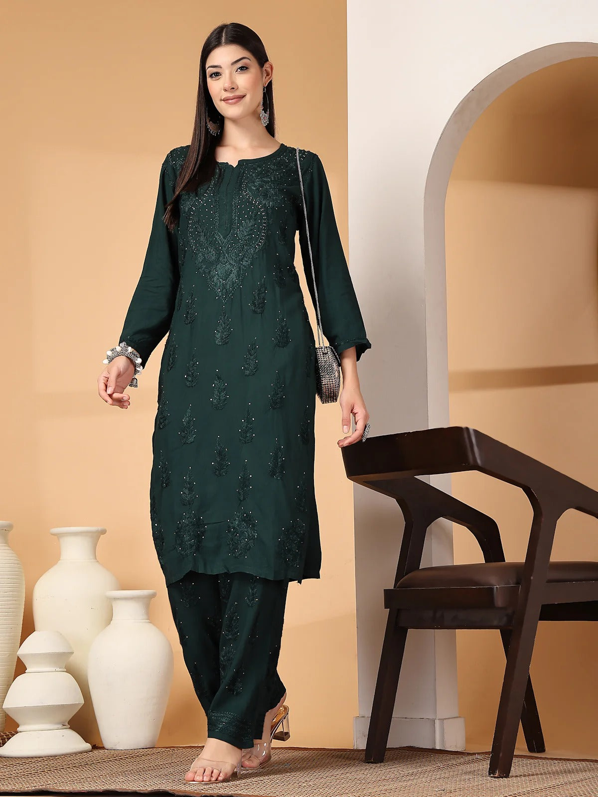Bottle Green Raniya 3D Rayon Muquesh Kurti & Palazzo Set