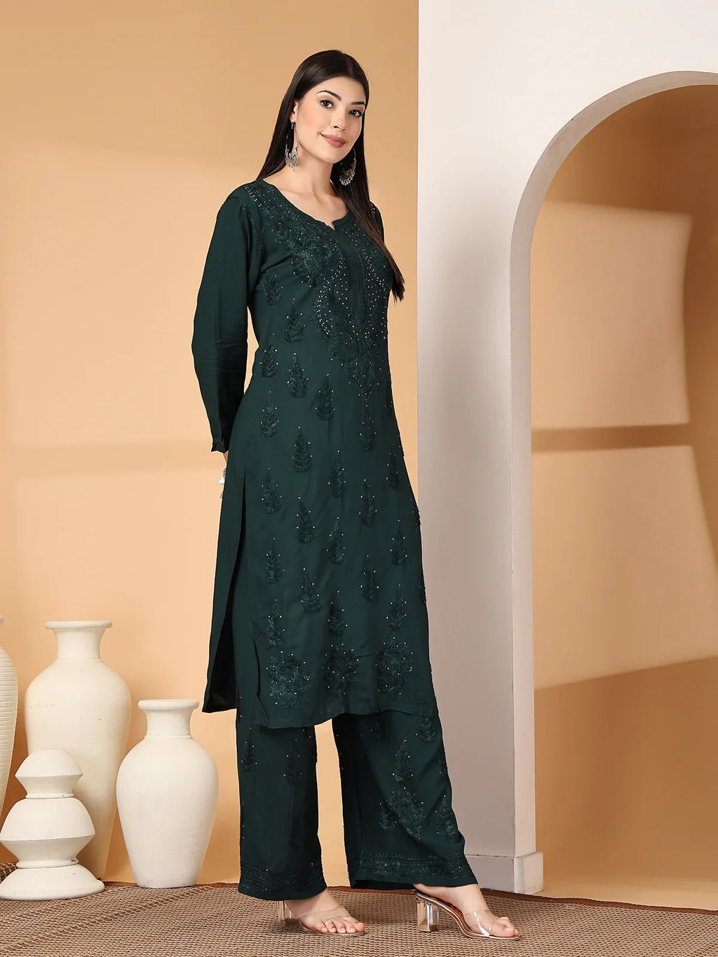 Bottle Green Raniya 3D Rayon Muquesh Kurti & Palazzo Set