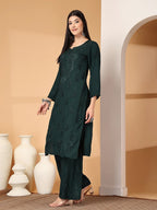 Bottle Green Raniya 3D Rayon Muquesh Kurti & Palazzo Set