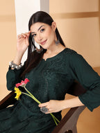 Bottle Green Raniya 3D Rayon Muquesh Kurti & Palazzo Set