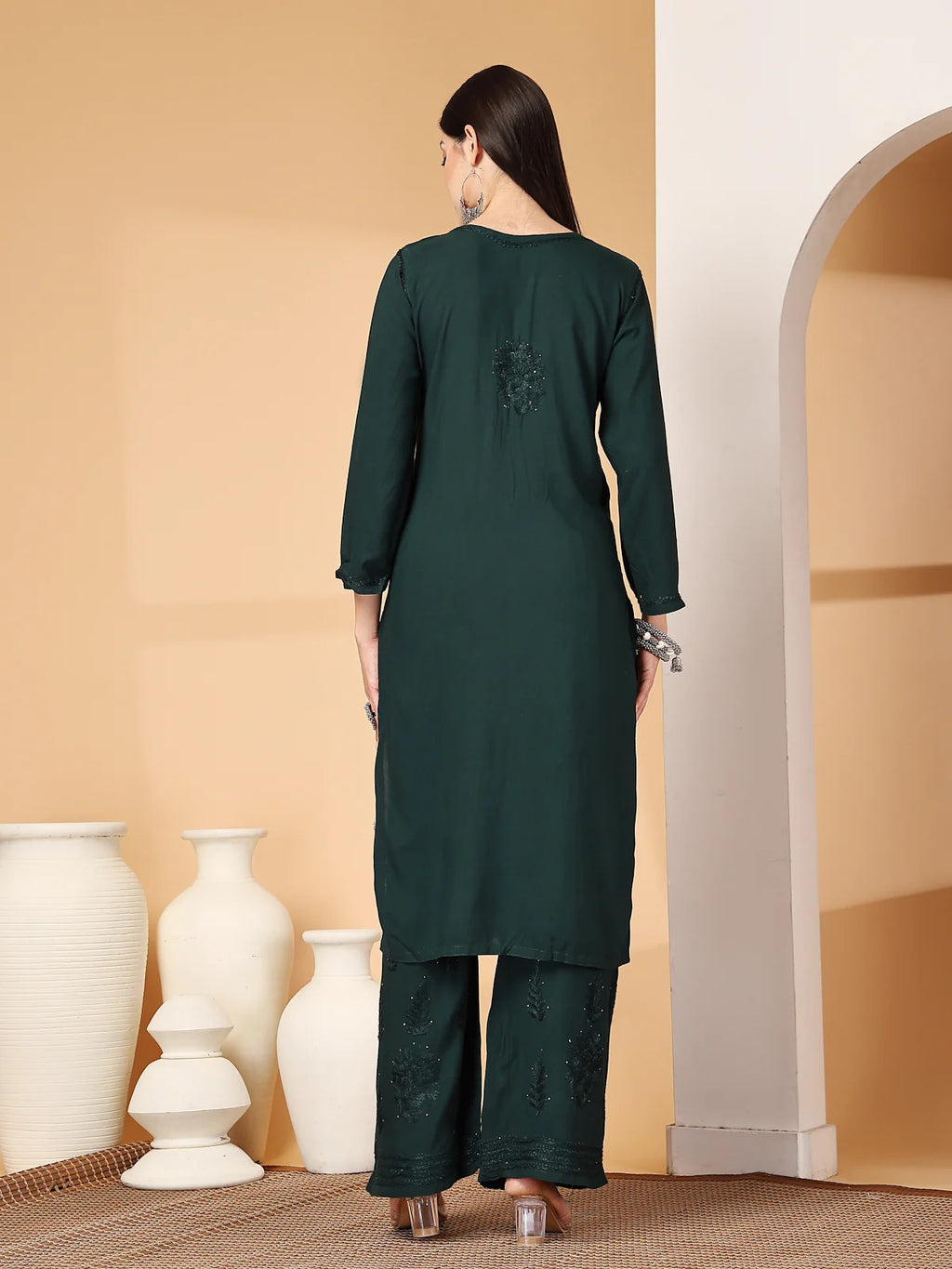 Bottle Green Raniya 3D Rayon Muquesh Kurti & Palazzo Set