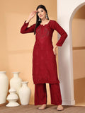 Maroon Raniya 3D Rayon Muquesh Kurti & Palazzo Set