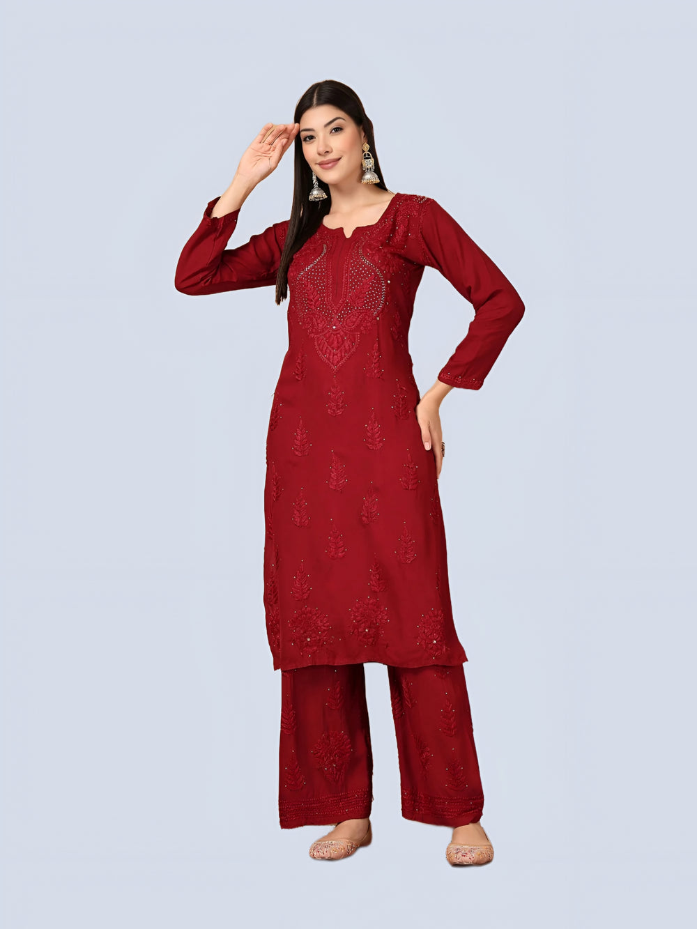 Maroon Raniya 3D Rayon Muquesh Kurti & Palazzo Set