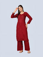 Maroon Raniya 3D Rayon Muquesh Kurti & Palazzo Set