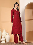 Maroon Raniya 3D Rayon Muquesh Kurti & Palazzo Set