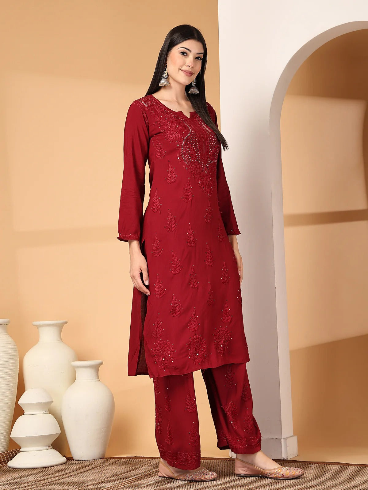 Maroon Raniya 3D Rayon Muquesh Kurti & Palazzo Set