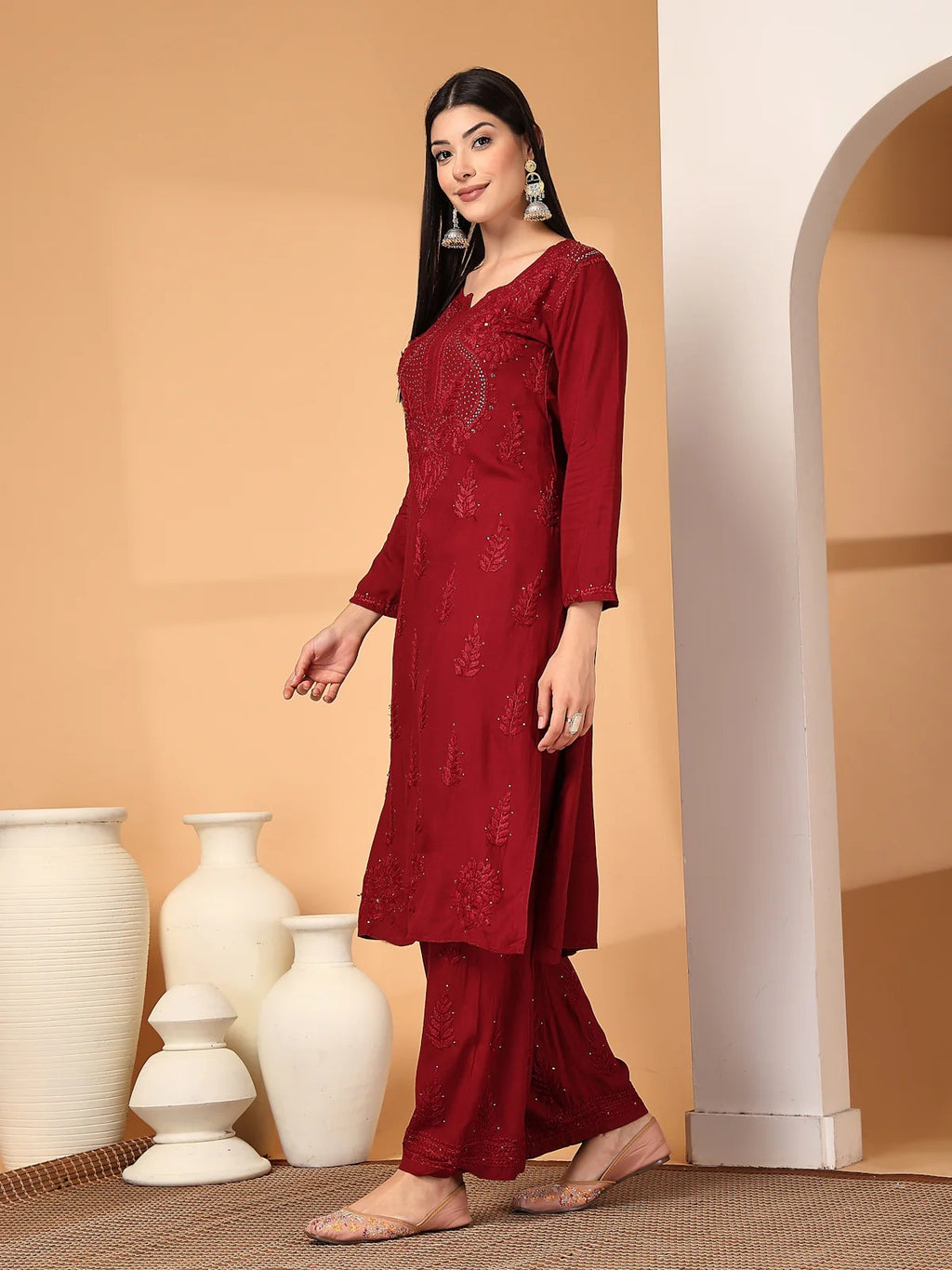 Maroon Raniya 3D Rayon Muquesh Kurti & Palazzo Set