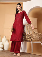Maroon Raniya 3D Rayon Muquesh Kurti & Palazzo Set