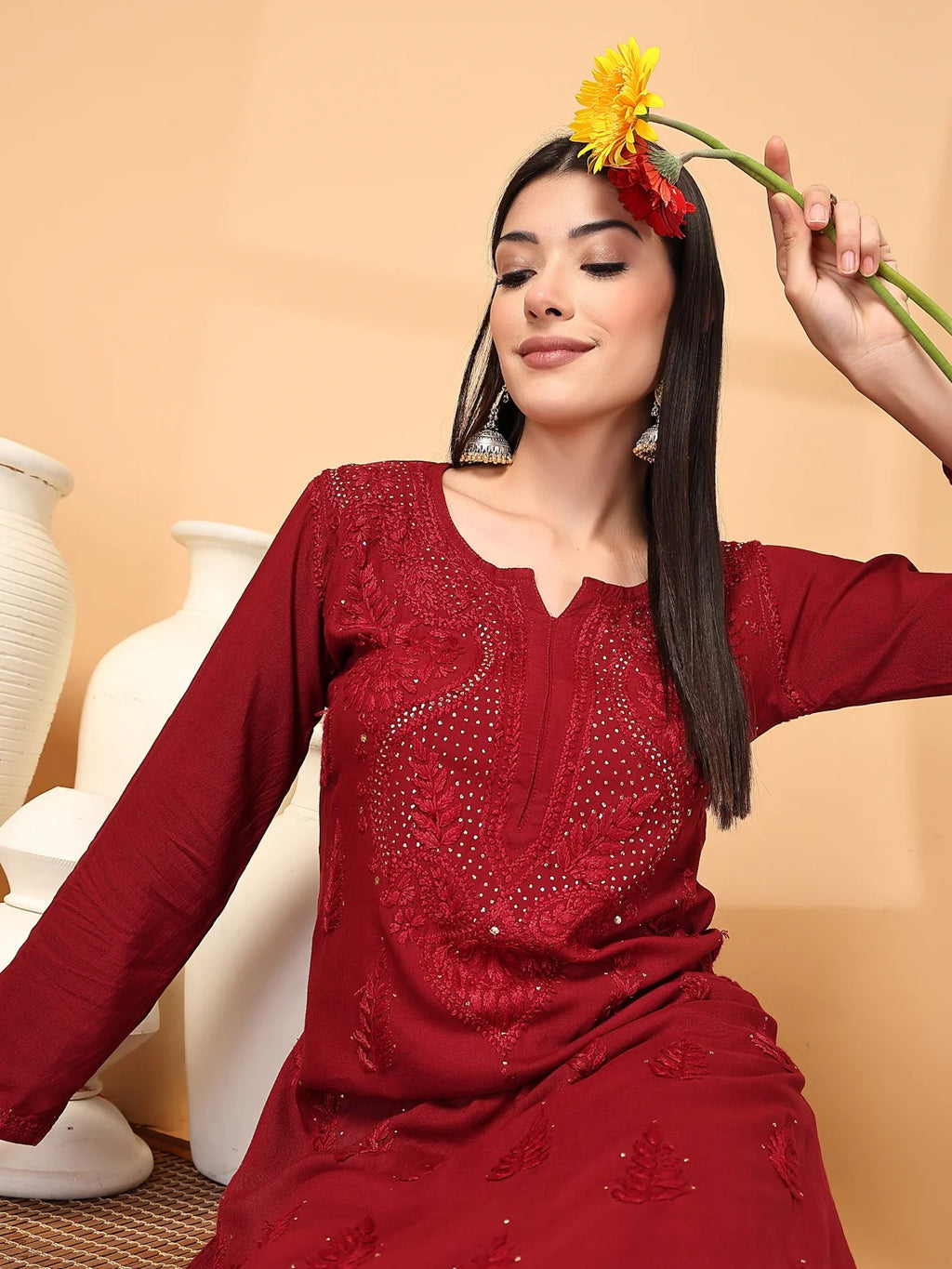Maroon Raniya 3D Rayon Muquesh Kurti & Palazzo Set