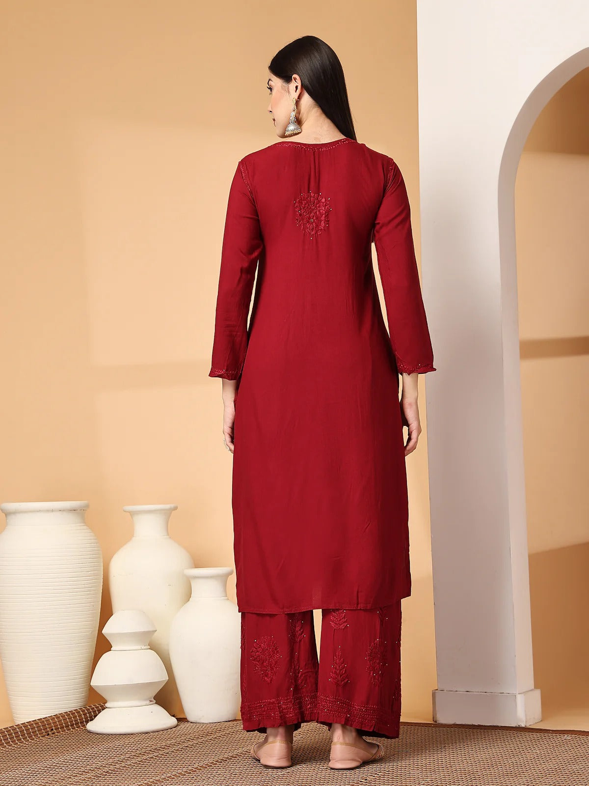 Maroon Raniya 3D Rayon Muquesh Kurti & Palazzo Set