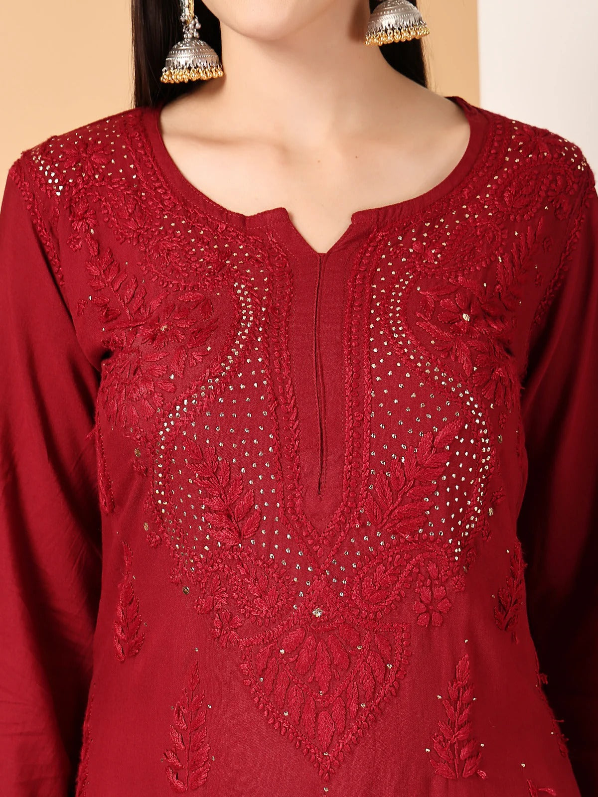 Maroon Raniya 3D Rayon Muquesh Kurti & Palazzo Set