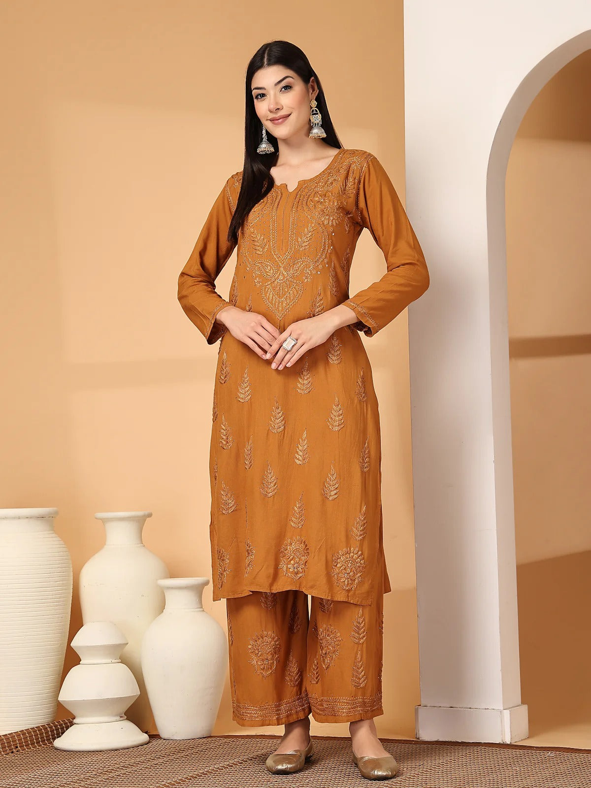 Mustard Raniya 3D Rayon Muquesh Kurti & Palazzo Set