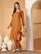 Mustard Raniya 3D Rayon Muquesh Kurti & Palazzo Set