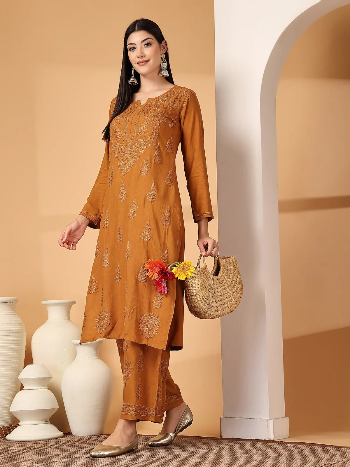 Mustard Raniya 3D Rayon Muquesh Kurti & Palazzo Set