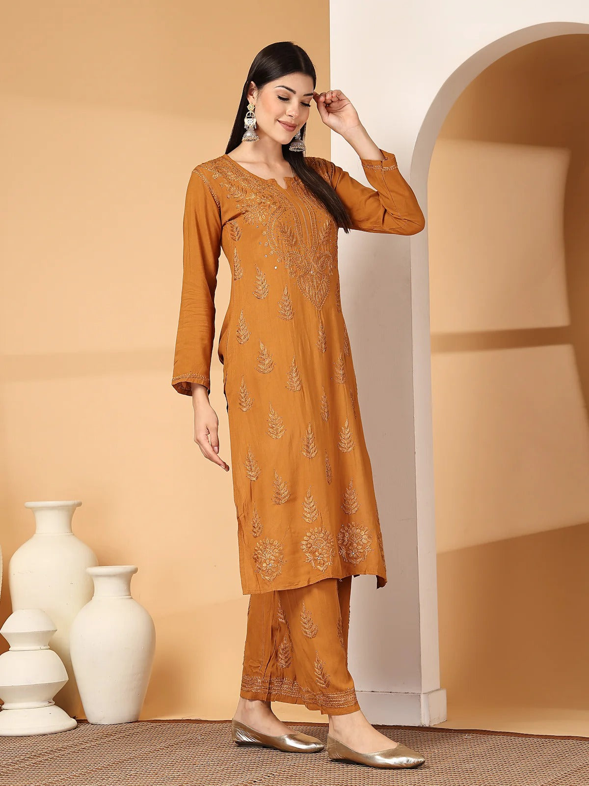 Mustard Raniya 3D Rayon Muquesh Kurti & Palazzo Set