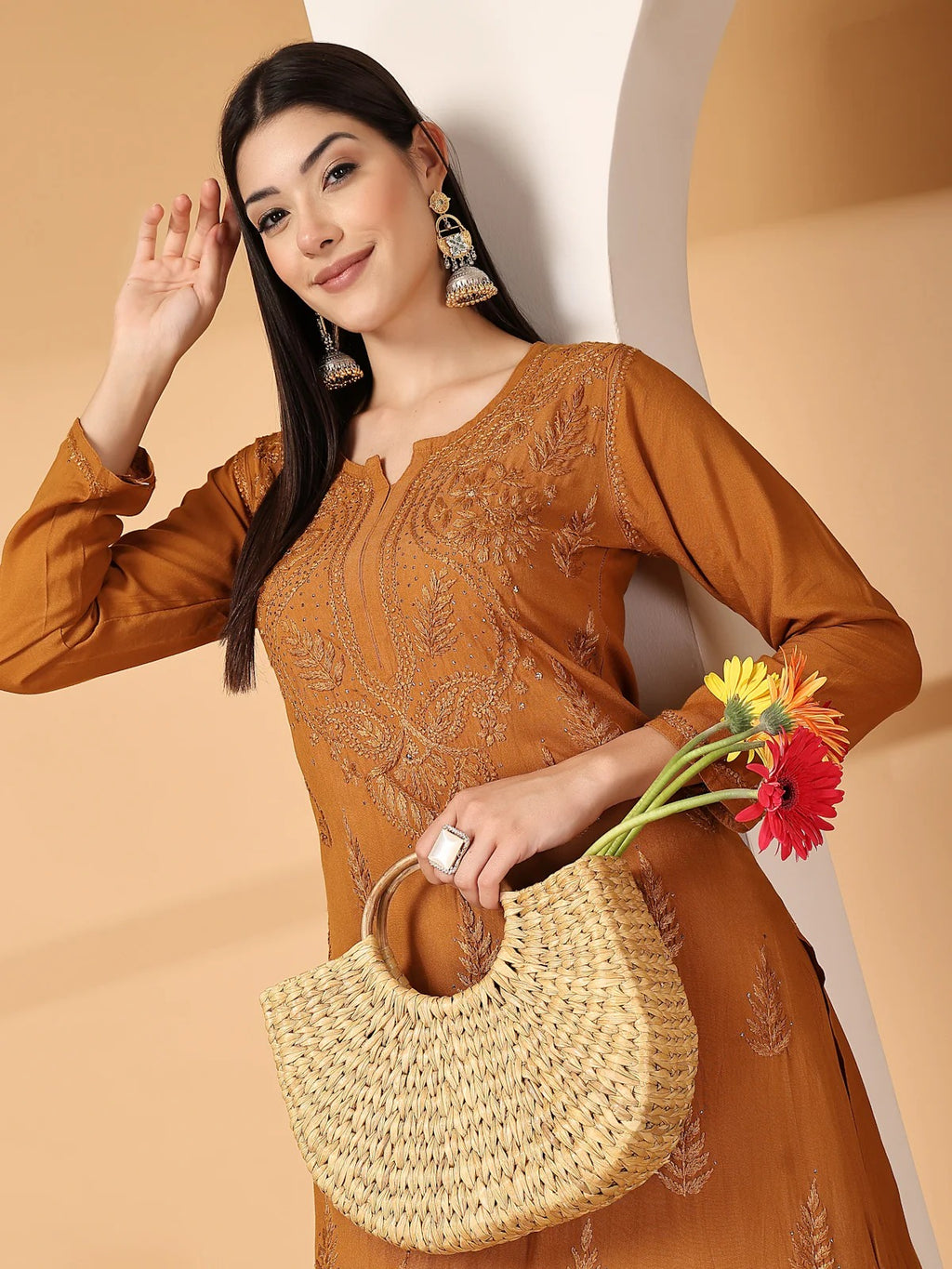 Mustard Raniya 3D Rayon Muquesh Kurti & Palazzo Set
