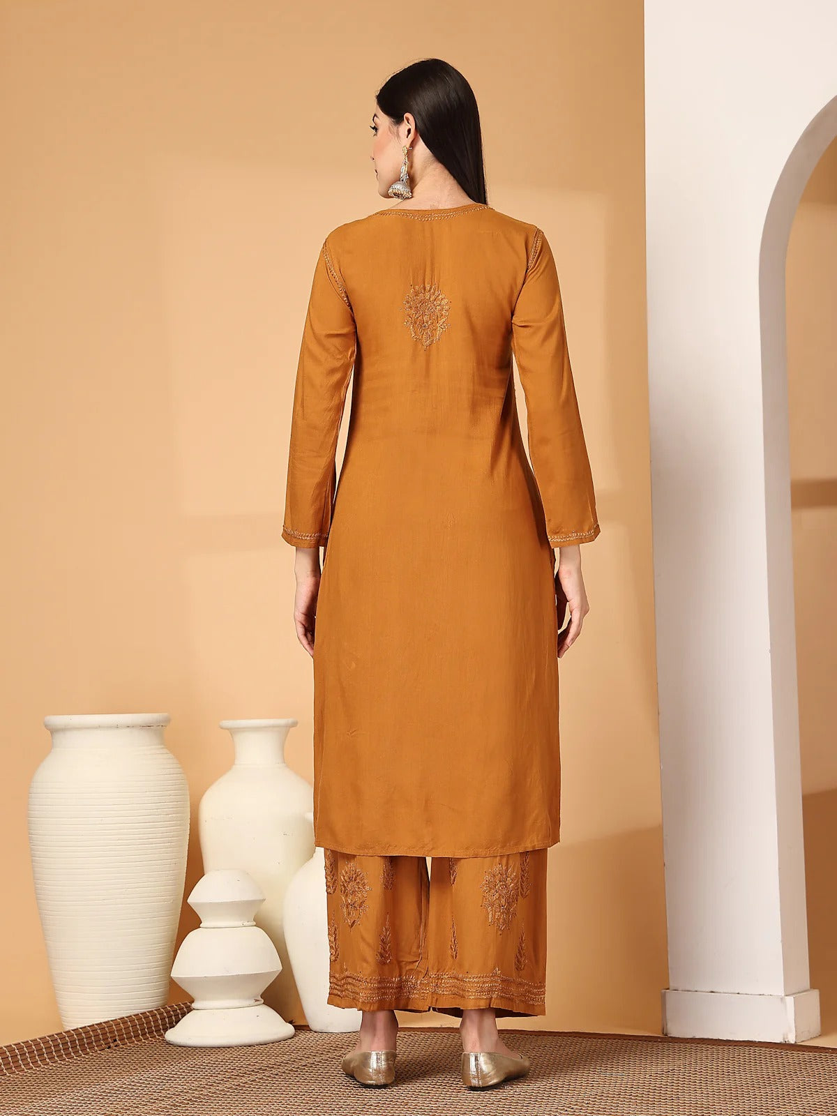 Mustard Raniya 3D Rayon Muquesh Kurti & Palazzo Set