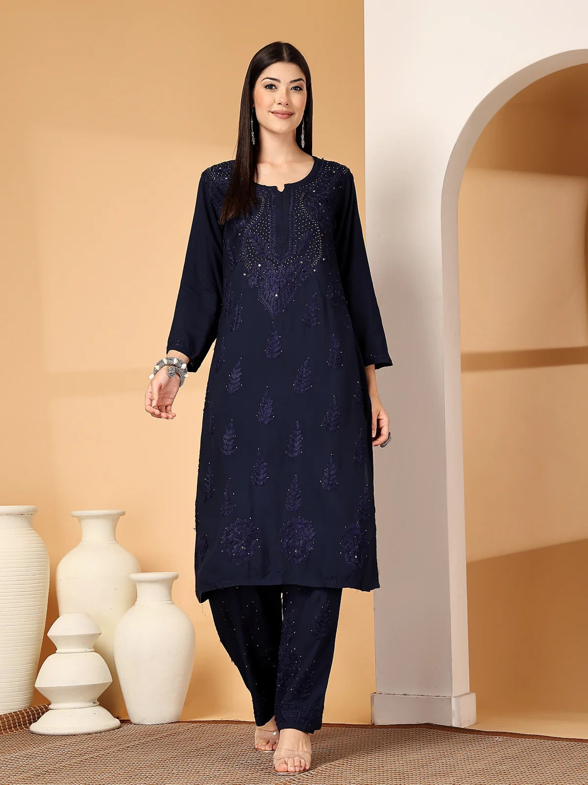 Navy Blue Raniya 3D Rayon Muquesh Kurti & Palazzo Set