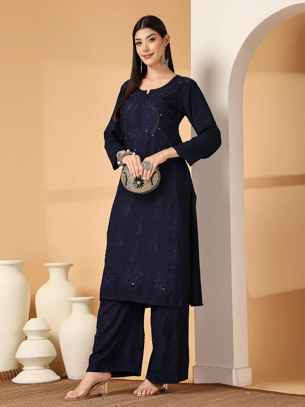 Navy Blue Raniya 3D Rayon Muquesh Kurti & Palazzo Set