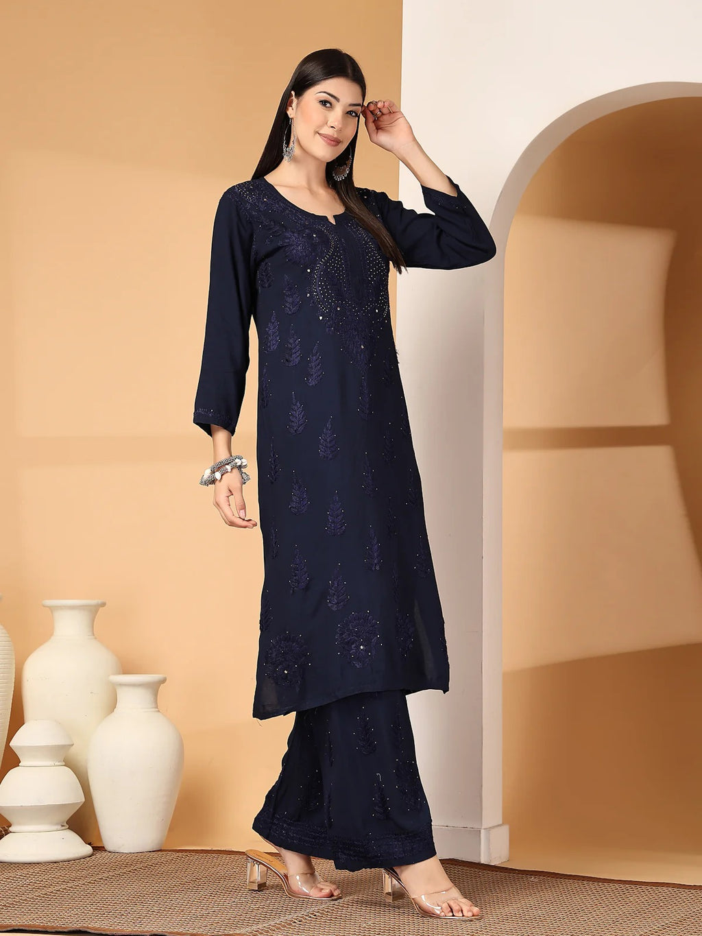 Navy Blue Raniya 3D Rayon Muquesh Kurti & Palazzo Set