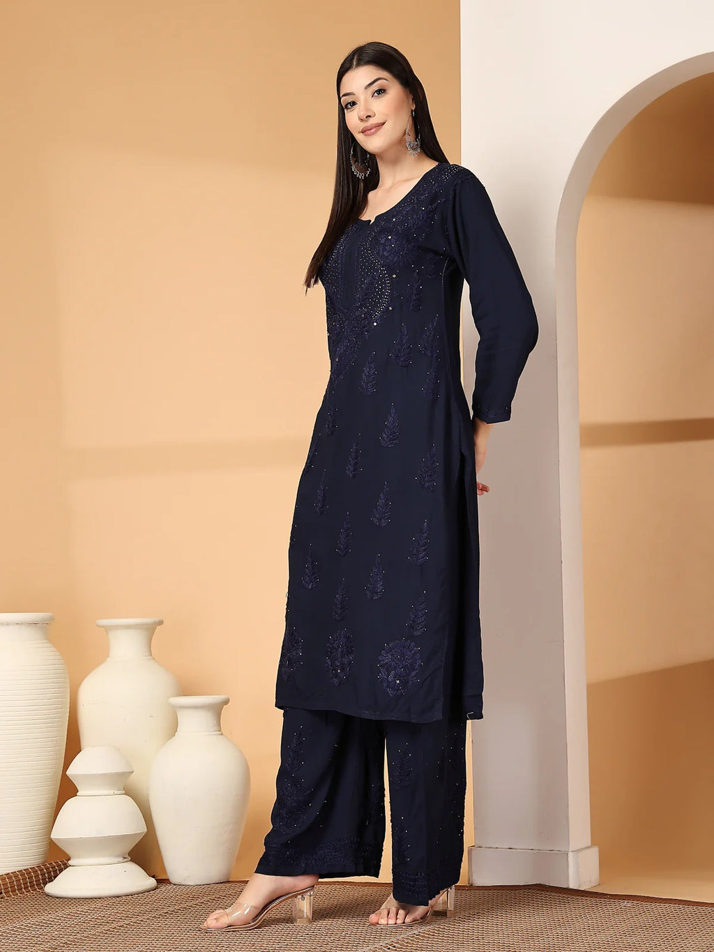 Navy Blue Raniya 3D Rayon Muquesh Kurti & Palazzo Set
