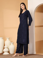 Navy Blue Raniya 3D Rayon Muquesh Kurti & Palazzo Set