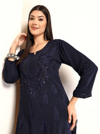 Navy Blue Raniya 3D Rayon Muquesh Kurti & Palazzo Set
