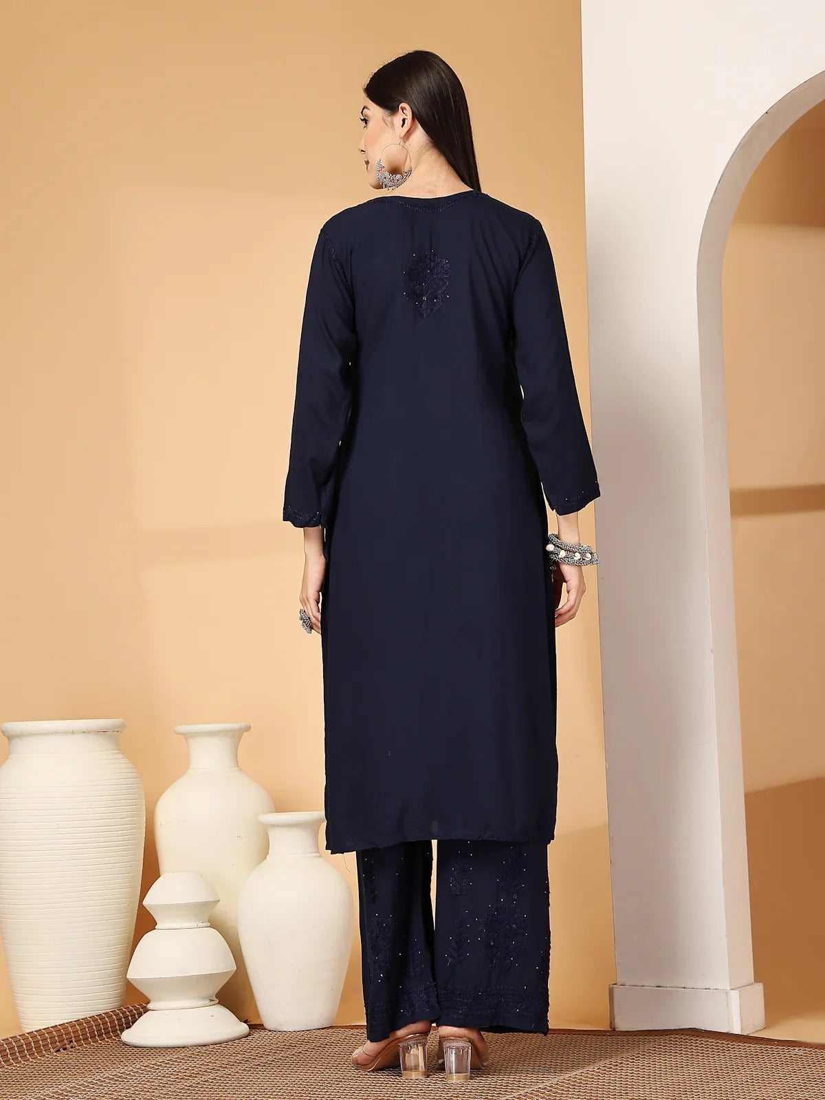 Navy Blue Raniya 3D Rayon Muquesh Kurti & Palazzo Set