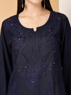 Navy Blue Raniya 3D Rayon Muquesh Kurti & Palazzo Set