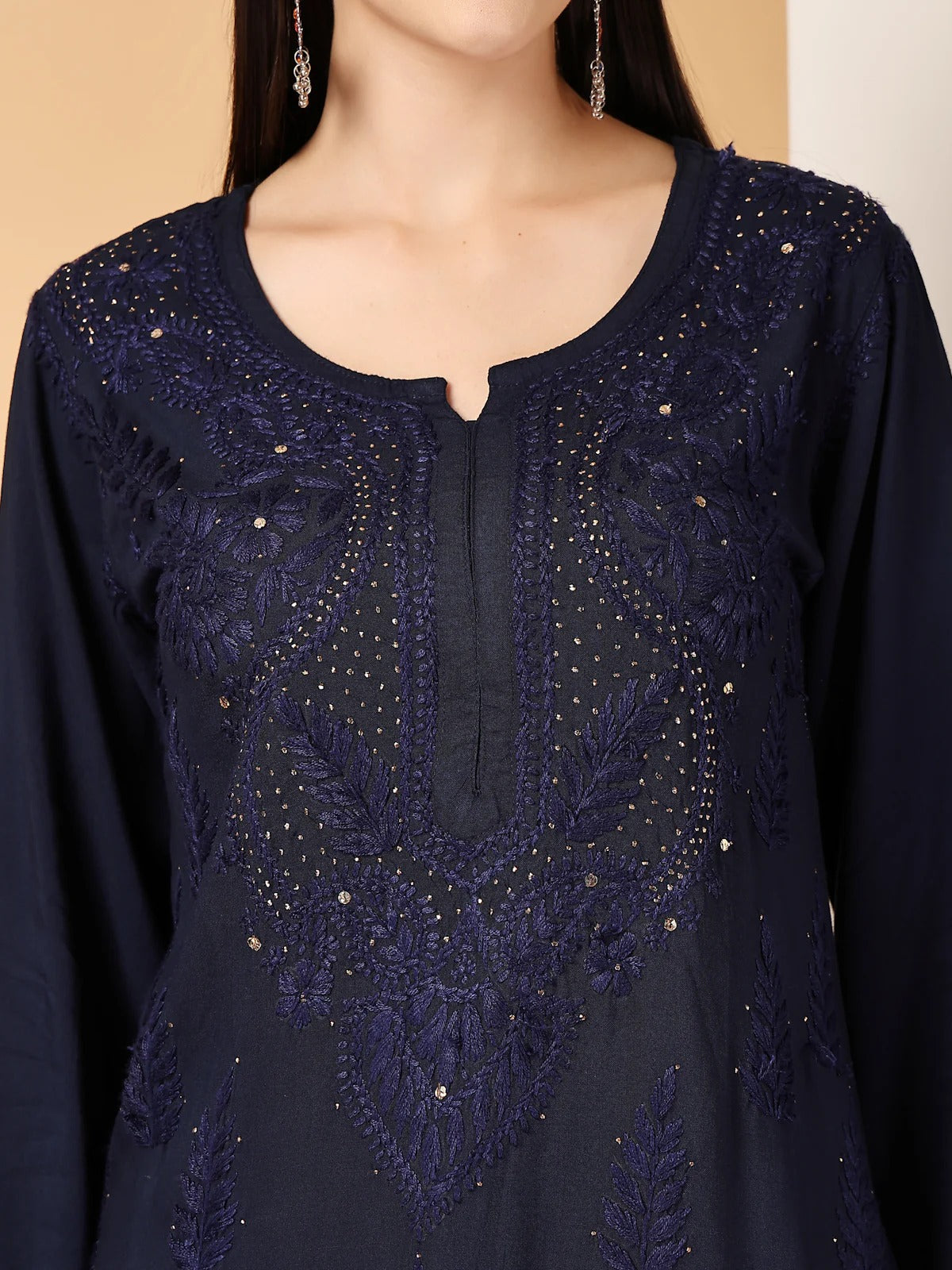 Navy Blue Raniya 3D Rayon Muquesh Kurti & Palazzo Set