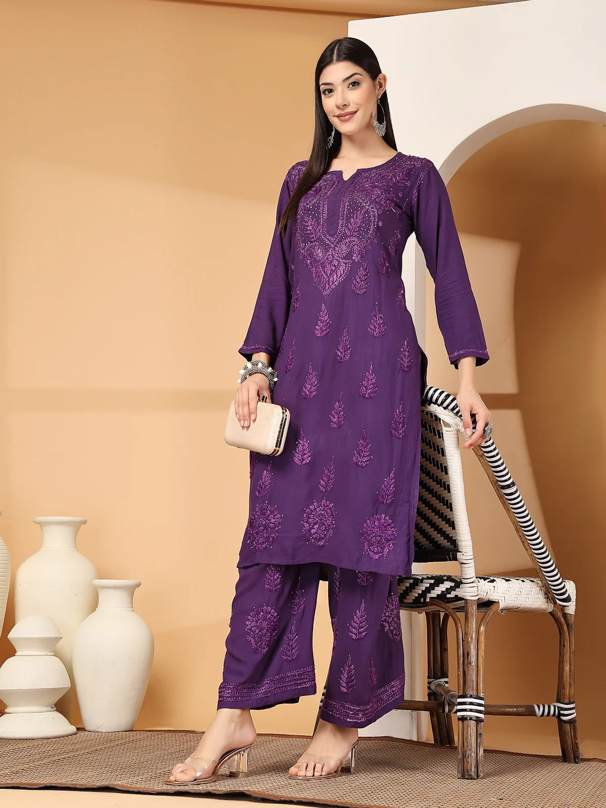 Purple Raniya 3D Rayon Muquesh Kurti & Palazzo Set
