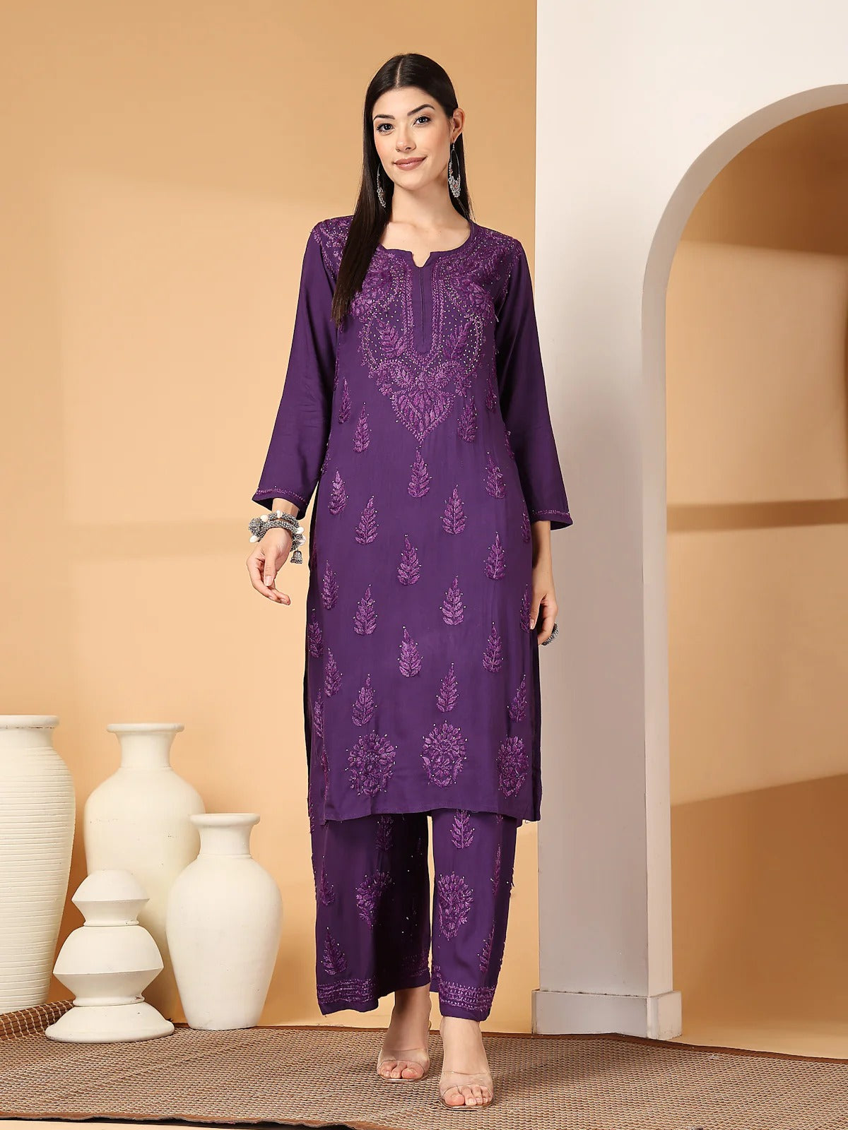 Purple Raniya 3D Rayon Muquesh Kurti & Palazzo Set