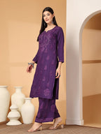 Purple Raniya 3D Rayon Muquesh Kurti & Palazzo Set