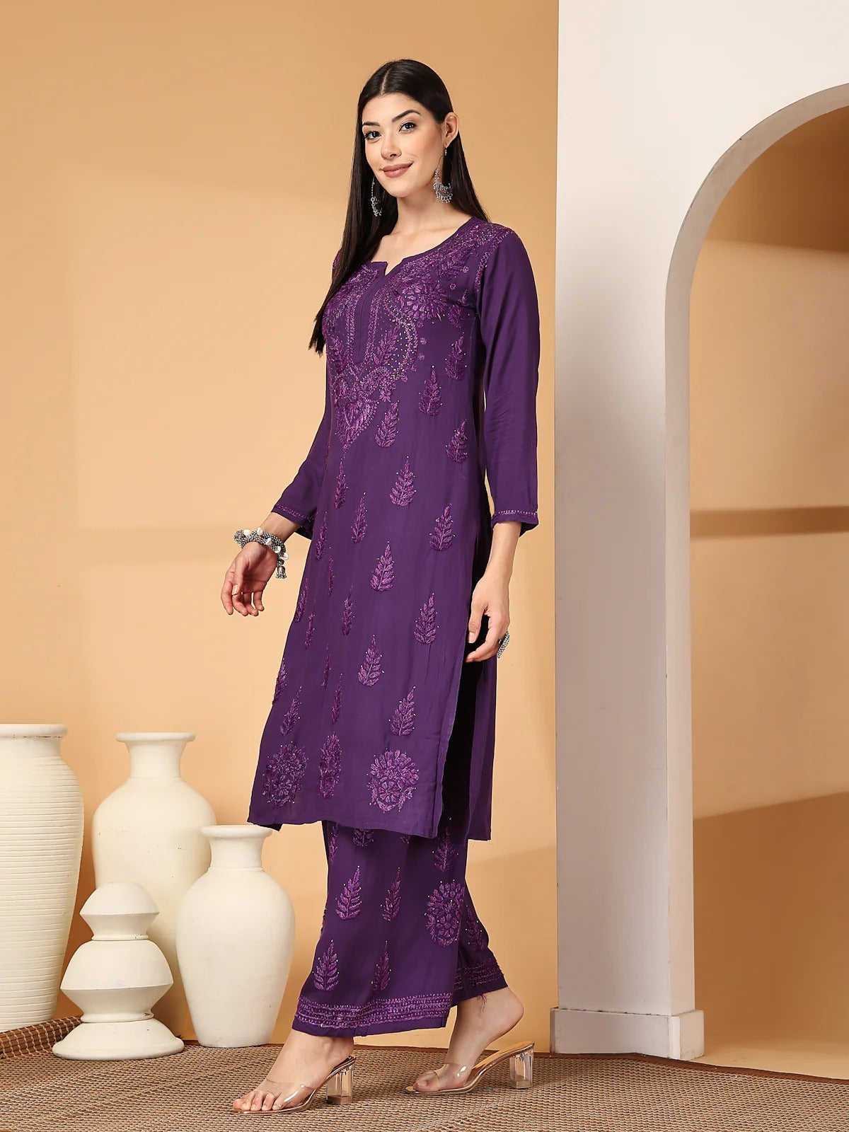 Purple Raniya 3D Rayon Muquesh Kurti & Palazzo Set