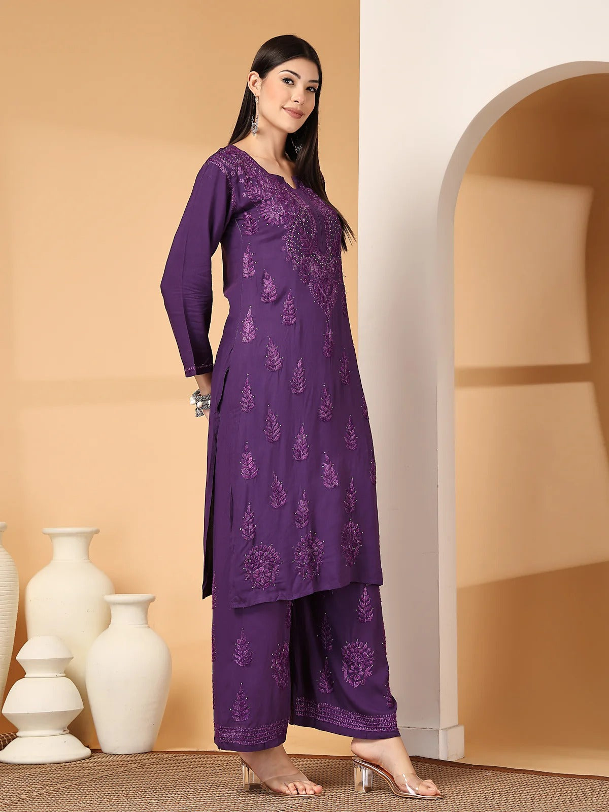 Purple Raniya 3D Rayon Muquesh Kurti & Palazzo Set