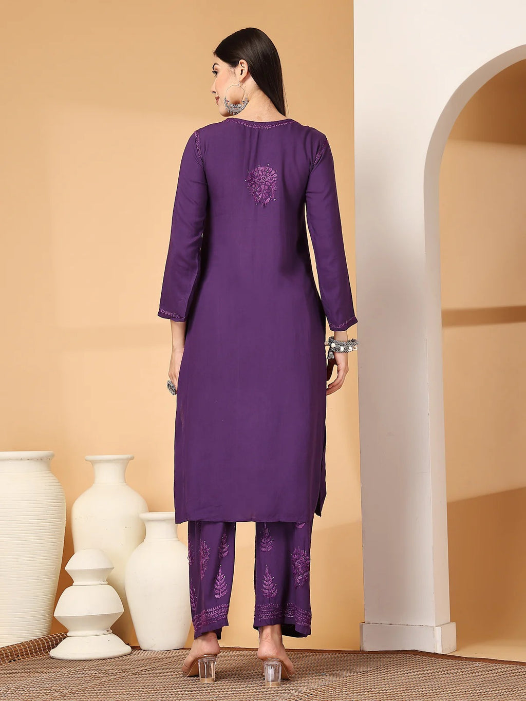 Purple Raniya 3D Rayon Muquesh Kurti & Palazzo Set