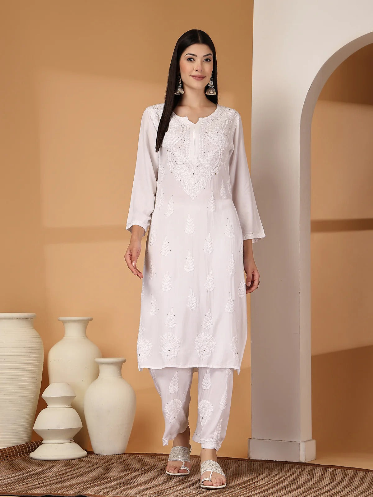 White Raniya 3D Rayon Muquesh Kurti & Palazzo Set