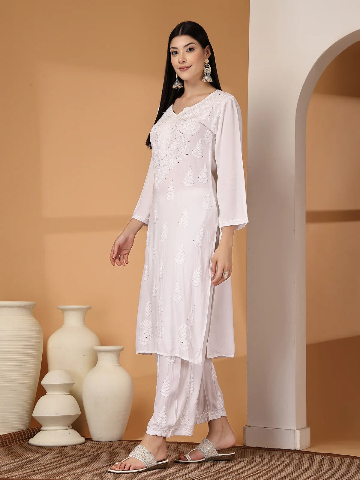 White Raniya 3D Rayon Muquesh Kurti & Palazzo Set