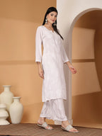 White Raniya 3D Rayon Muquesh Kurti & Palazzo Set