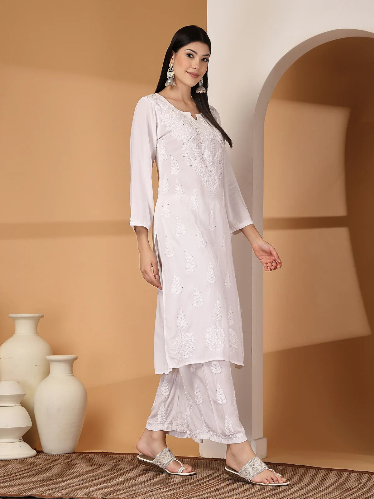 White Raniya 3D Rayon Muquesh Kurti & Palazzo Set
