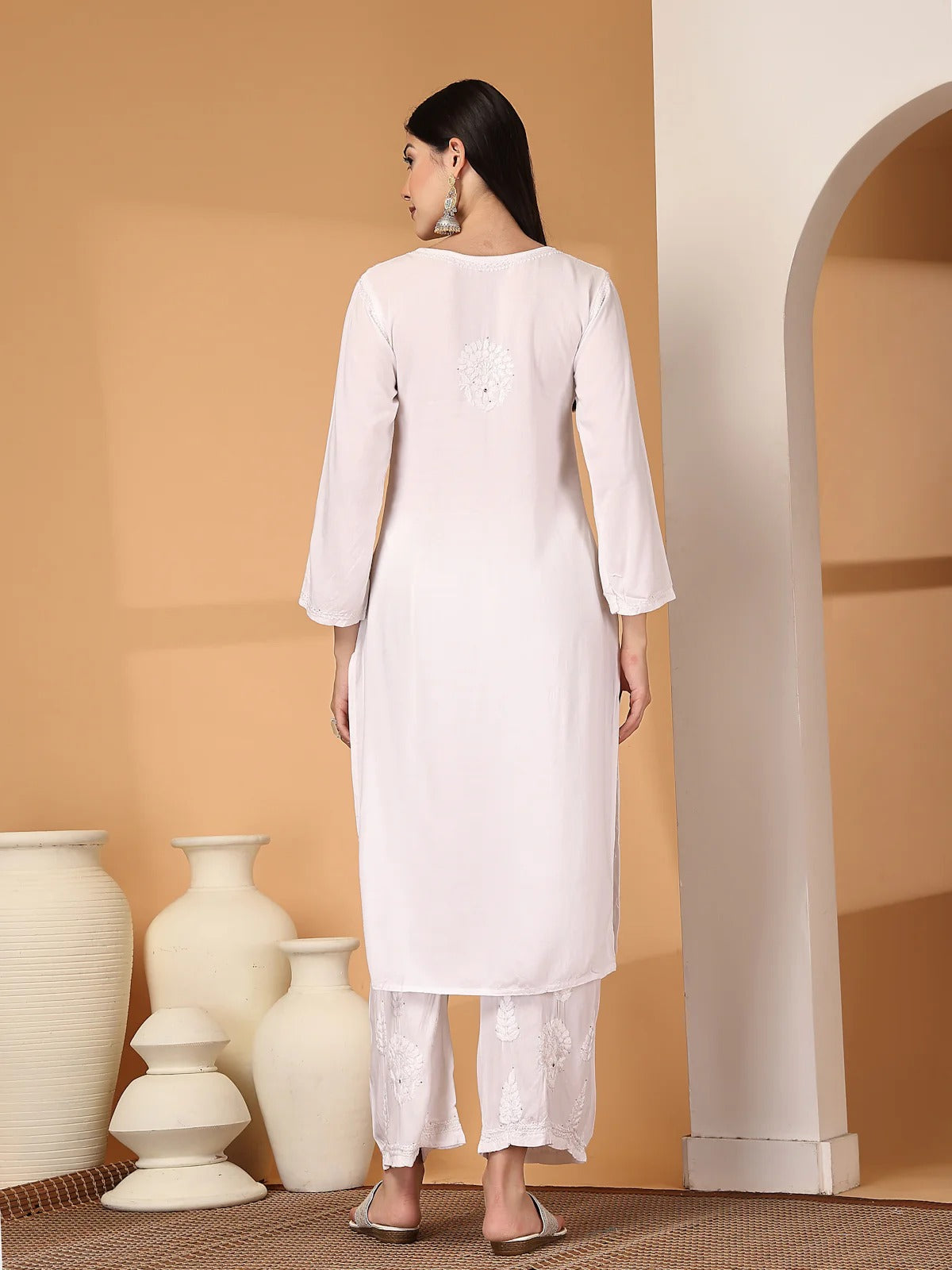 White Raniya 3D Rayon Muquesh Kurti & Palazzo Set